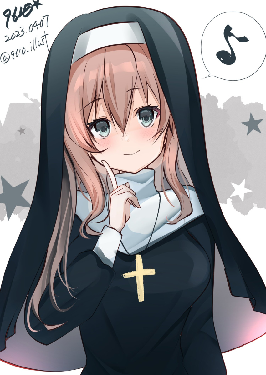 1girl alternate_costume artist_name brown_eyes cross dated eighth_note eiji_(monochromexd) grey_eyes habit highres index_finger_raised kantai_collection long_hair musical_note nun one-hour_drawing_challenge raised saratoga_(kancolle) solo spoken_musical_note twitter_username upper_body veil