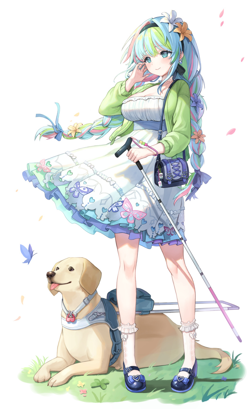 1girl absurdres bag black_footwear black_hairband blue_hair blue_ribbon blush braid breasts bug butterfly cane closed_mouth commentary dog dress earrings faux_figurine flower frilled_socks frills full_body grass green_eyes green_hair green_jacket guide_dog hair_flower hair_ornament hair_ribbon hairband hand_up highres holding jacket jewelry large_breasts lerome long_hair long_sleeves looking_afar mary_janes multicolored_hair official_art open_clothes open_jacket petals pink_hair pleated_dress purple_flower purple_ribbon red_flower ribbon riichi_city ring saotome_yurika_(riichi_city) shoes shoulder_bag simple_background single_sidelock smile socks solo standing twin_braids twintails white_background white_cane white_dress white_flower white_socks yellow_flower