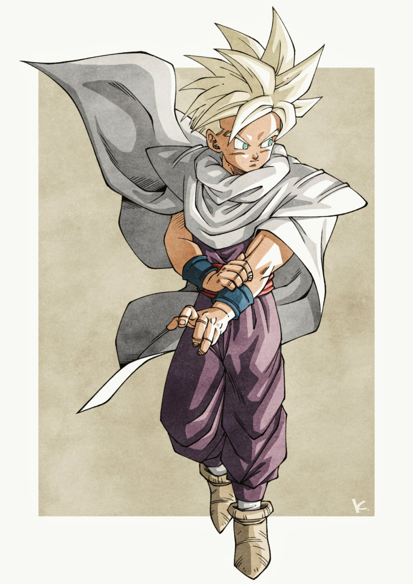 1boy blonde_hair cape commentary_request dougi dragon_ball dragon_ball_z full_body furrowed_brow green_eyes highres kakeru_(dbskakeru) looking_to_the_side male_focus serious shoulder_pads signature solo son_gohan super_saiyan super_saiyan_1 white_cape wristband