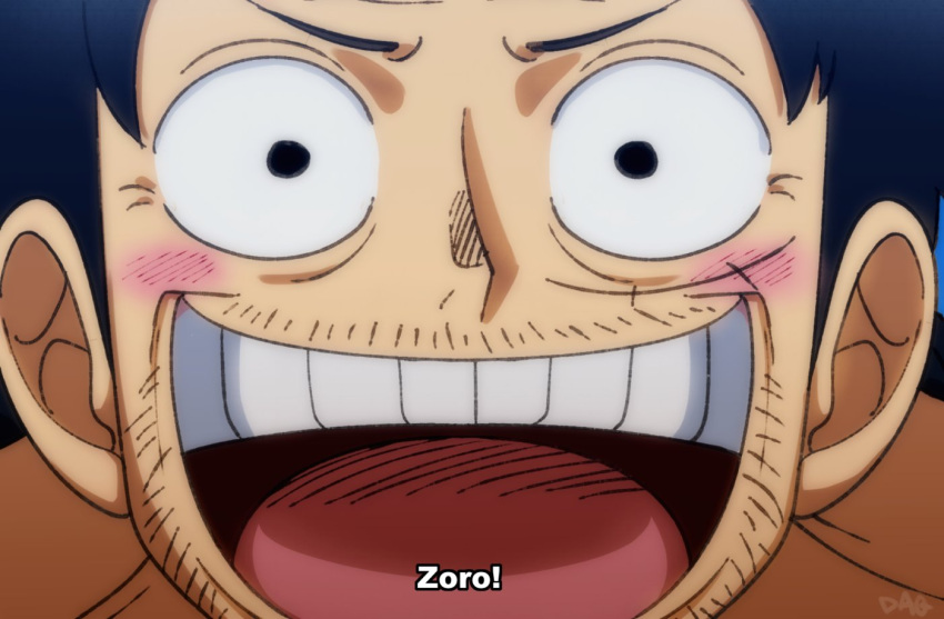 1boy :d aged_up alternate_facial_hair close-up dagsop derivative_work facial_hair looking_at_viewer male_focus monkey_d._luffy one_piece screencap_redraw short_hair smile solo stubble subtitled wrinkled_skin