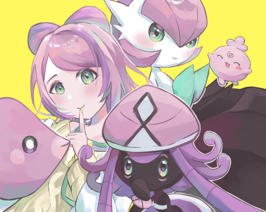 3girls :3 ^_^ absurdres alternate_color alternate_shiny_pokemon black_gloves black_skin black_skirt blush blush_stickers bob_cut bow-shaped_hair closed_eyes closed_mouth coat colored_skin commentary covering_mouth finger_to_mouth flat_chest gardevoir gloves green_eyes grey_outline hair_between_eyes hand_up hands_up happy hat highres igglybuff index_finger_raised lab_coat long_hair looking_at_viewer luvdisc mame_(pixiv_57985908) mega_gardevoir mega_pokemon miriam_(pokemon) multiple_girls open_clothes open_coat open_mouth pink_hair pink_headwear pokemon pokemon_(creature) pokemon_(game) pokemon_sv purple_hair short_hair sidelocks simple_background skirt smile stethoscope sweater swept_bangs tapu_lele upper_body white_coat white_eyes white_skin yellow_background yellow_sweater