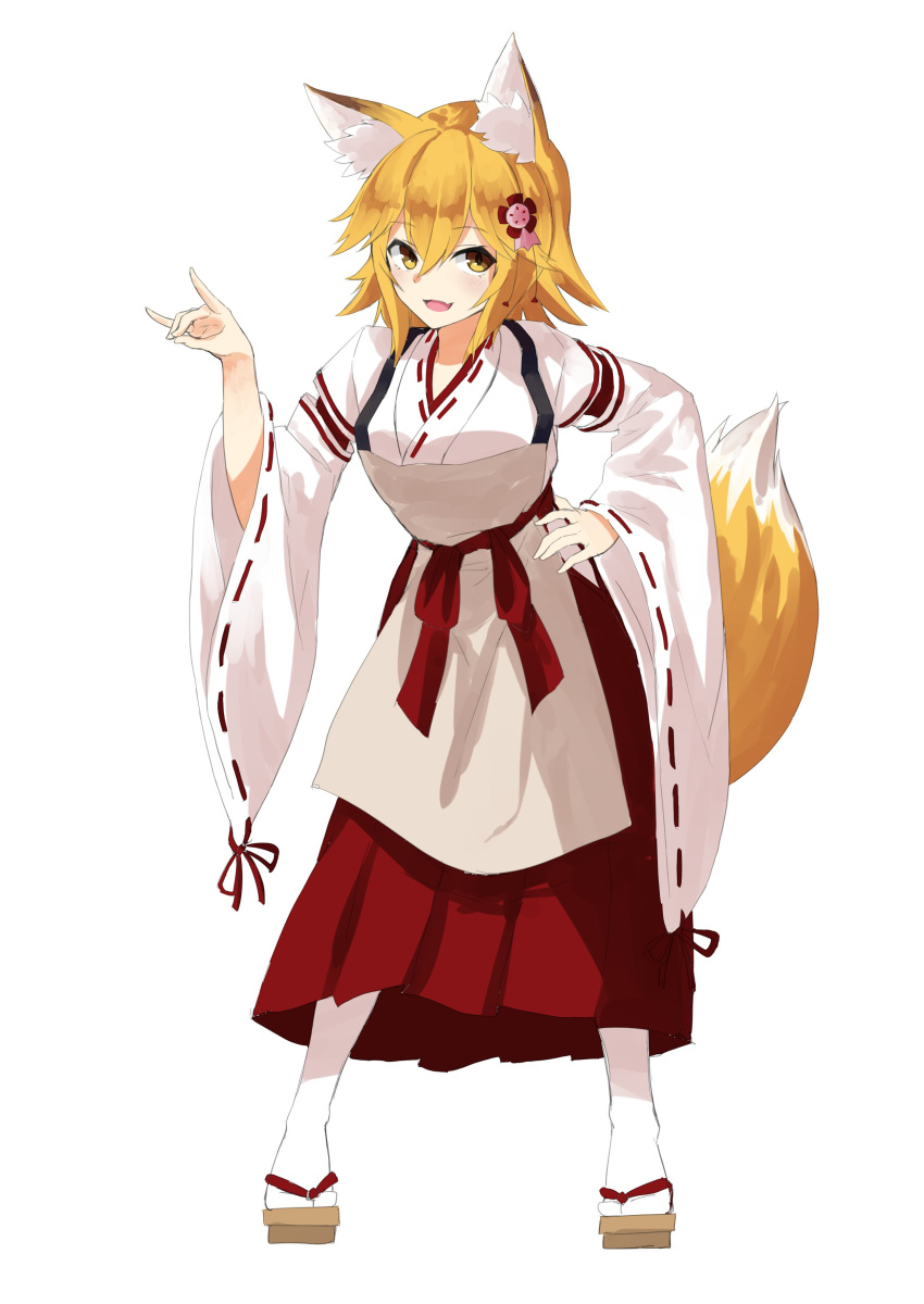 1girl absurdres animal_ear_fluff animal_ears apron blonde_hair blush commentary_request fang flower fox_ears fox_girl fox_shadow_puppet fox_tail full_body geta hair_between_eyes hair_flower hair_ornament hakama hand_on_own_hip highres iwashi_(nisankatanso) japanese_clothes looking_at_viewer miko open_mouth red_hakama ribbon-trimmed_kimono ribbon-trimmed_sleeves ribbon_trim senko_(sewayaki_kitsune_no_senko-san) sewayaki_kitsune_no_senko-san short_hair simple_background skin_fang smile socks solo standing tail white_apron white_background white_socks wide_sleeves yellow_eyes