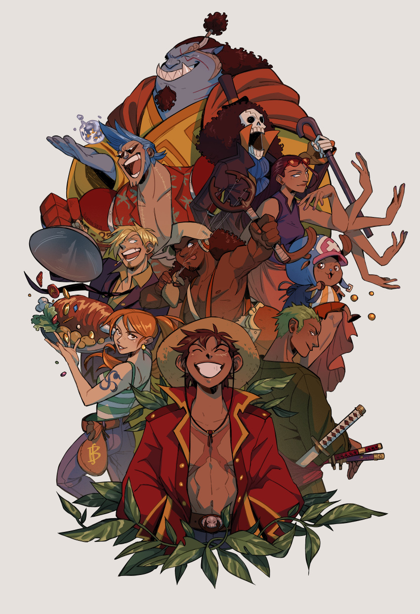2girls 6+boys absurdres afro ascot black_hair blonde_hair blue_eyes blue_hair blue_skin boned_meat brook_(one_piece) brown_eyes cane cigarette closed_eyes coin collared_jacket colored_skin cross_scar denim earrings eyewear_on_head facial_hair food franky_(one_piece) goatee gold_coin grey_hair hat hawaiian_shirt highres holding holding_cane holding_plate jeans jewelry jinbe_(one_piece) leaf long_hair looking_at_another looking_at_viewer meat monkey_d._luffy multiple_boys multiple_girls multiple_hands multiple_swords nami_(one_piece) nico_robin one_piece open_mouth pants plate ponytail red_shirt redhead reindeer roronoa_zoro sanji_(one_piece) scar scar_on_chest sharp_teeth shirt short_hair shoulder_tattoo skeleton skull sleeveless sleeveless_shirt slingshot smile straw_hat sunglasses tan tattoo teeth thedustyleaves tongue tongue_out tony_tony_chopper topless_male usopp