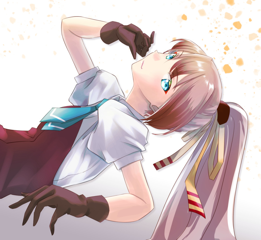 1girl aqua_eyes aqua_necktie brown_gloves brown_hair collared_shirt commentary_request dress_shirt gloves hair_ribbon highres kantai_collection kazagumo_(kancolle) long_hair lying necktie on_side ponytail puffy_short_sleeves puffy_sleeves purple_vest ribbon shirt short_sleeves solo tsukasa_(tukasa_br) upper_body vest white_shirt