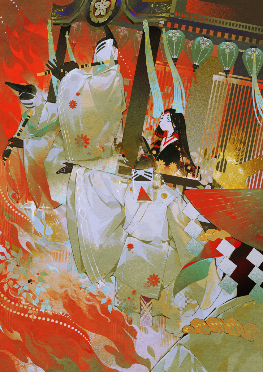 1girl 4others :o absurdres aqua_eyes bird black_headwear black_kimono black_skin character_request colored_skin covered_face crane_(animal) fire flute gesshi_(x2mciyellrzrhg1) hat highres instrument japanese_clothes kimono lantern litter_(vehicle) long_hair long_sleeves looking_away mask multiple_others music onmyoji onmyoji:_the_card_game outstretched_arm outstretched_arms paper_lantern parade playing_instrument red_background redhead rope shide short_eyebrows solo_focus straw_hat tate_eboshi transparent veil very_long_hair white_kimono wide_sleeves