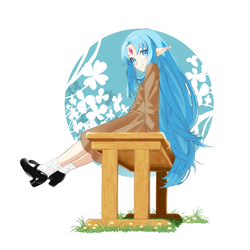 1girl black_footwear blue_eyes blue_hair brown_jacket brown_skirt commission commissioner_upload floral_background forehead_jewel highres jacket kneehighs legs_up long_hair looking_at_viewer mary_janes on_bench outstretched_legs parted_bangs pointy_ears rance_(series) reset_kalar shoes sitting sitting_on_bench skirt skirt_set smile socks solo sugu_r000 very_long_hair white_background white_socks