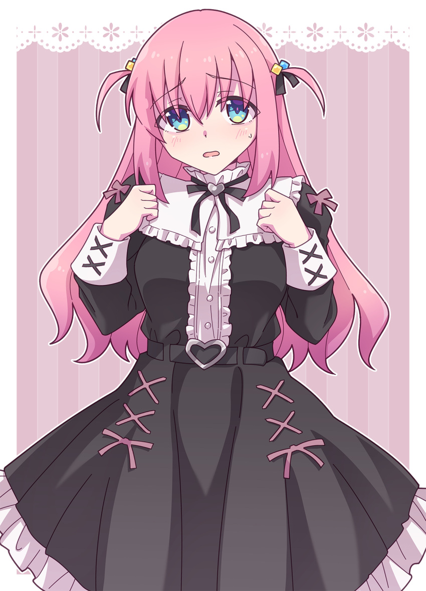 1girl black_dress blue_eyes blush bocchi_the_rock! breasts center_frills cube_hair_ornament dress e20 frilled_dress frills gotou_hitori hair_between_eyes hair_ornament hands_up highres juliet_sleeves long_hair long_sleeves looking_at_viewer medium_breasts parted_lips pink_hair pleated_dress puffy_sleeves solo striped striped_background sweat two_side_up vertical_stripes wavy_mouth