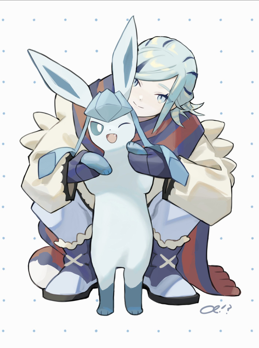 1boy boots closed_mouth commentary dotted_background glaceon green_eyes green_hair grusha_(pokemon) highres holding holding_pokemon jacket looking_at_viewer male_focus mittens pants pokemon pokemon_(creature) pokemon_(game) pokemon_sv sameniku_umai scarf smile split_mouth spread_legs squatting striped striped_scarf symbol-only_commentary white_background yellow_jacket