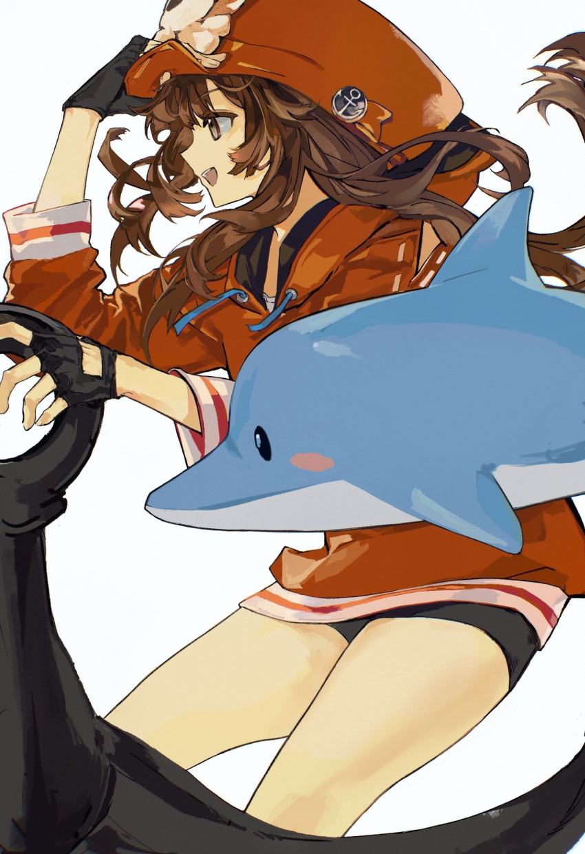 1girl anchor anchor_symbol animal bike_shorts black_gloves blush_stickers brown_hair cabbie_hat dolphin fingerless_gloves found_modori from_side gloves guilty_gear guilty_gear_strive hat highres jacket long_hair looking_to_the_side may_(guilty_gear) mr._dolphin_(guilty_gear) open_mouth orange_headwear orange_jacket short_shorts shorts simple_background skull_and_crossbones solo white_background