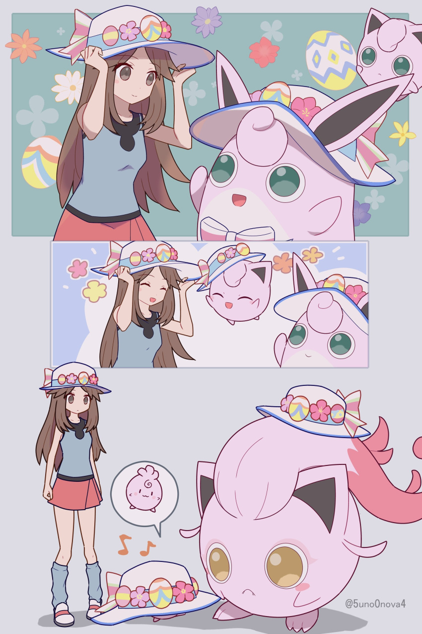 1girl 343rone :d absurdres brown_eyes brown_hair closed_eyes closed_mouth commentary_request evolutionary_line hands_on_headwear hat hat_ribbon highres igglybuff jigglypuff leaf_(pokemon) long_hair loose_socks musical_note open_mouth pleated_skirt pokemon pokemon_(creature) pokemon_(game) pokemon_frlg ribbon scream_tail shirt shoes skirt sleeveless sleeveless_shirt smile socks spoken_character standing white_footwear white_headwear wigglytuff