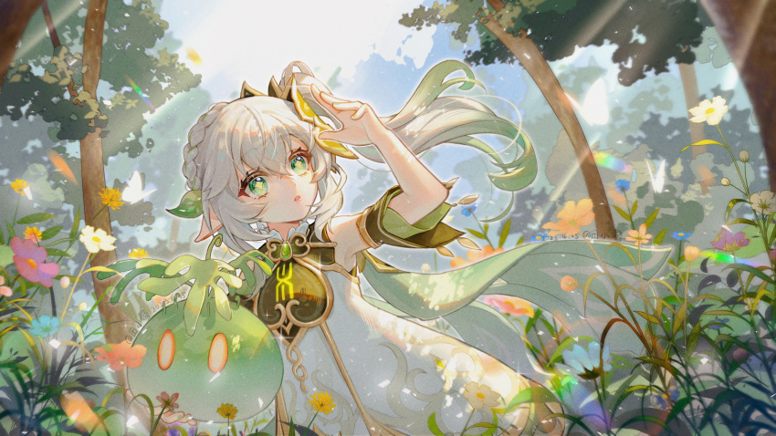 1girl :o absurdres arm_up artist_name asymmetrical_hair blue_flower blush braid bug butterfly cape commentary_request cross-shaped_pupils dappled_sunlight dated day detached_sleeves dress eyelashes floating_hair flower french_braid gem genshin_impact glowing_butterfly gold_trim gradient_hair green_cape green_eyes green_gemstone green_hair green_sleeves hair_between_eyes hair_ornament highres leaf_hair_ornament lens_flare light_particles light_rays long_hair multicolored_hair nahida_(genshin_impact) open_mouth orange_flower outdoors pink_flower plant pointy_ears short_sleeves side_ponytail sidelocks single_braid sleeveless sleeveless_dress slime_(genshin_impact) solo sparkle streaked_hair sunlight symbol-shaped_pupils tian_xiaoxin tree white_dress white_flower white_hair yellow_flower