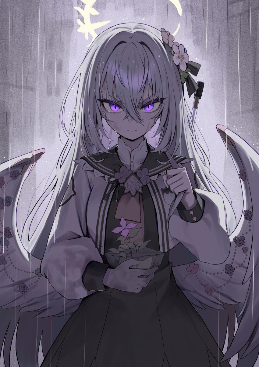 1girl absurdres azusa_(blue_archive) blue_archive closed_mouth flower grey_hair hair_between_eyes hair_flower hair_ornament halo highres karadborg long_hair long_sleeves looking_at_viewer low_wings plant skirt solo v-shaped_eyebrows violet_eyes wings