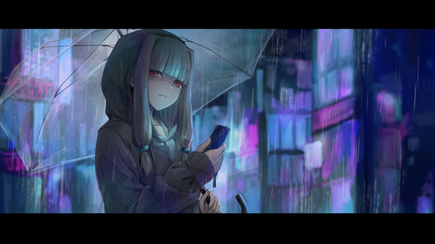 1girl black_hoodie blue_hair blunt_bangs blurry blurry_background cellphone city closed_mouth commentary_request ear_piercing english_commentary half-closed_eyes highres holding holding_phone holding_umbrella hood hood_up hoodie industrial_piercing kotonoha_aoi letterboxed light_frown long_sleeves looking_at_viewer mixed-language_commentary neon_lights ononoono phone piercing rain red_eyes sidelocks sideways_glance smartphone solo transparent transparent_umbrella umbrella upper_body voiceroid zipper