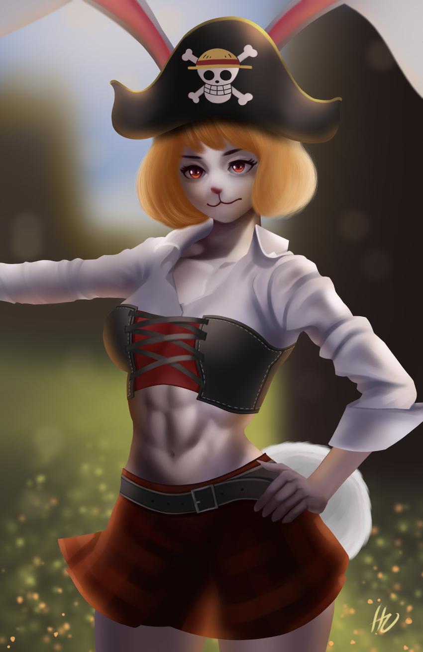 1girl absurdres animal_ears blonde_hair carrot_(one_piece) closed_mouth furry furry_female hat highres ho_haiiro one_piece pirate_hat rabbit_ears rabbit_girl rabbit_tail realistic short_hair signature solo tail