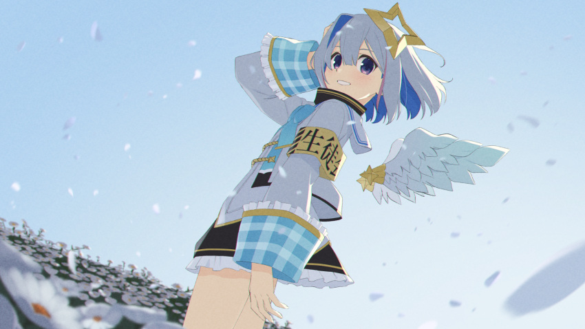 1girl aiguillette amane_kanata angel angel_wings armband asymmetrical_bangs asymmetrical_hair black_skirt blue_bow blue_bowtie blue_hair bow bowtie colored_inner_hair detached_wings feathered_wings field flower flower_field frilled_skirt frills from_side grey_hair gulim halo hand_on_own_head highres hololive long_sleeves looking_at_viewer miniskirt multicolored_hair petals pink_hair plaid sailor_collar shirt short_hair single_hair_intake skirt sky sleeve_cuffs solo star_halo streaked_hair violet_eyes virtual_youtuber white_flower white_sailor_collar white_shirt wide_sleeves wings
