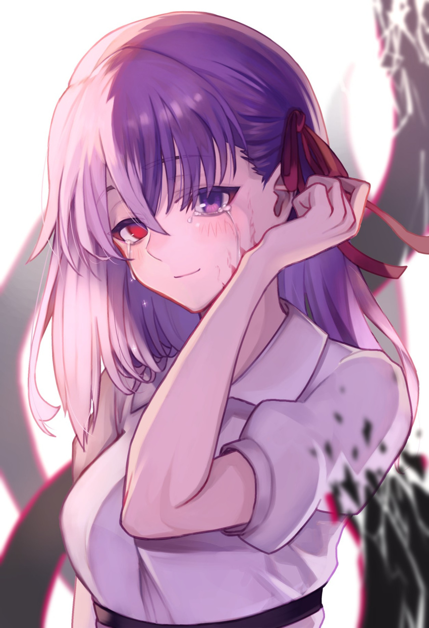 1girl blush closed_mouth collared_shirt commentary_request crossed_bangs crying crying_with_eyes_open eyes_visible_through_hair fate/stay_night fate_(series) hair_between_eyes hair_ribbon half_updo hand_up heaven's_feel heterochromia highres long_hair looking_at_viewer matou_sakura puffy_short_sleeves puffy_sleeves purple_hair red_eyes red_ribbon ribbon sad_smile shirt short_sleeves sidelighting simple_background smile solo sooon tears upper_body violet_eyes white_background white_shirt