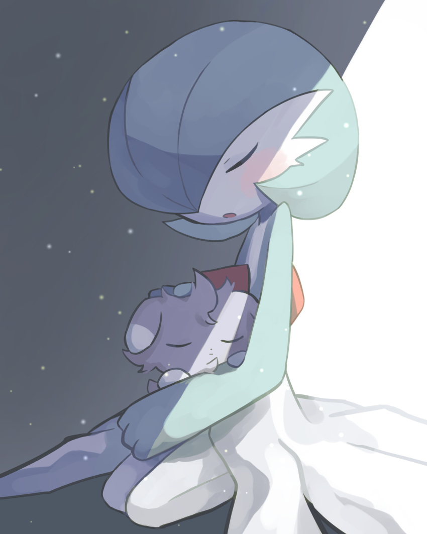 1girl absurdres blush bob_cut closed_eyes closed_mouth colored_skin commentary_request espurr flat_chest full_body gardevoir green_hair green_skin hair_over_one_eye hand_on_another's_head highres holding holding_pokemon kneeling legs_together light_particles mame_(pixiv_57985908) multicolored_skin one_eye_covered open_mouth partial_commentary pokemon pokemon_(creature) seiza shadow short_hair sitting sleeping two-tone_skin u_u white_skin
