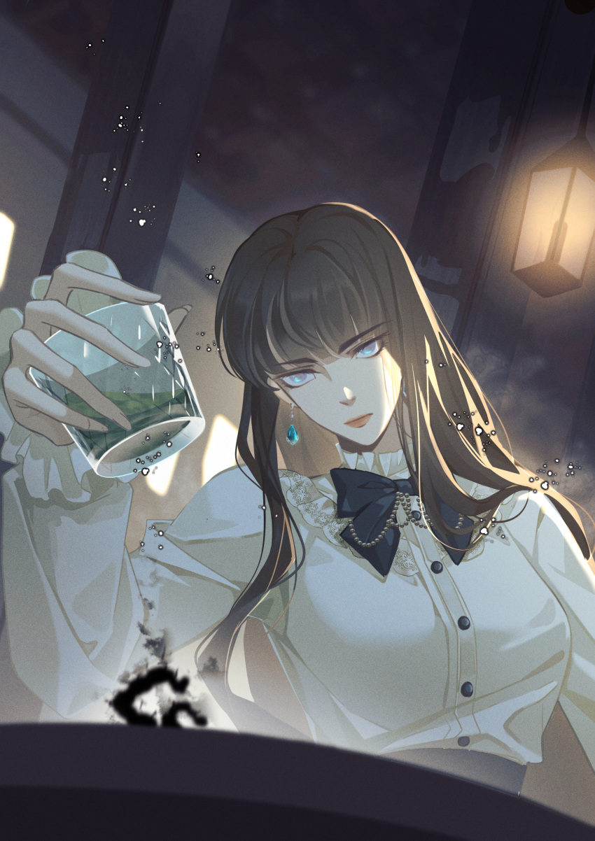 1girl absurdres black_necktie blue_eyes brown_hair ceiling circle_of_inevitability cup earrings fors_wall highres holding holding_cup indoors jewelry lamp lips lipstick long_hair looking_at_object lord_of_the_mysteries makeup mjmojiu necktie shaded_face shirt solo table white_shirt