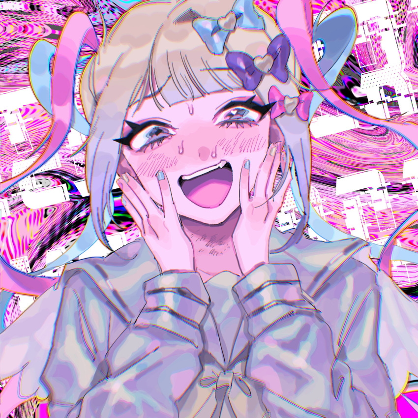 1girl :d blonde_hair blue_bow blue_hair blue_nails blue_shirt blunt_bangs blush bow chouzetsusaikawa_tenshi-chan distortion hair_bow hands_on_own_face hands_up highres holographic_clothing long_sleeves looking_at_viewer multicolored_hair multicolored_nails nail_polish namuru_(e_nmr_ien_sg) needy_girl_overdose nose_blush open_mouth pink_bow pink_hair pink_nails purple_bow quad_tails sailor_collar shirt smile solo sweatdrop teeth twintails upper_body upper_teeth_only yellow_bow yellow_nails