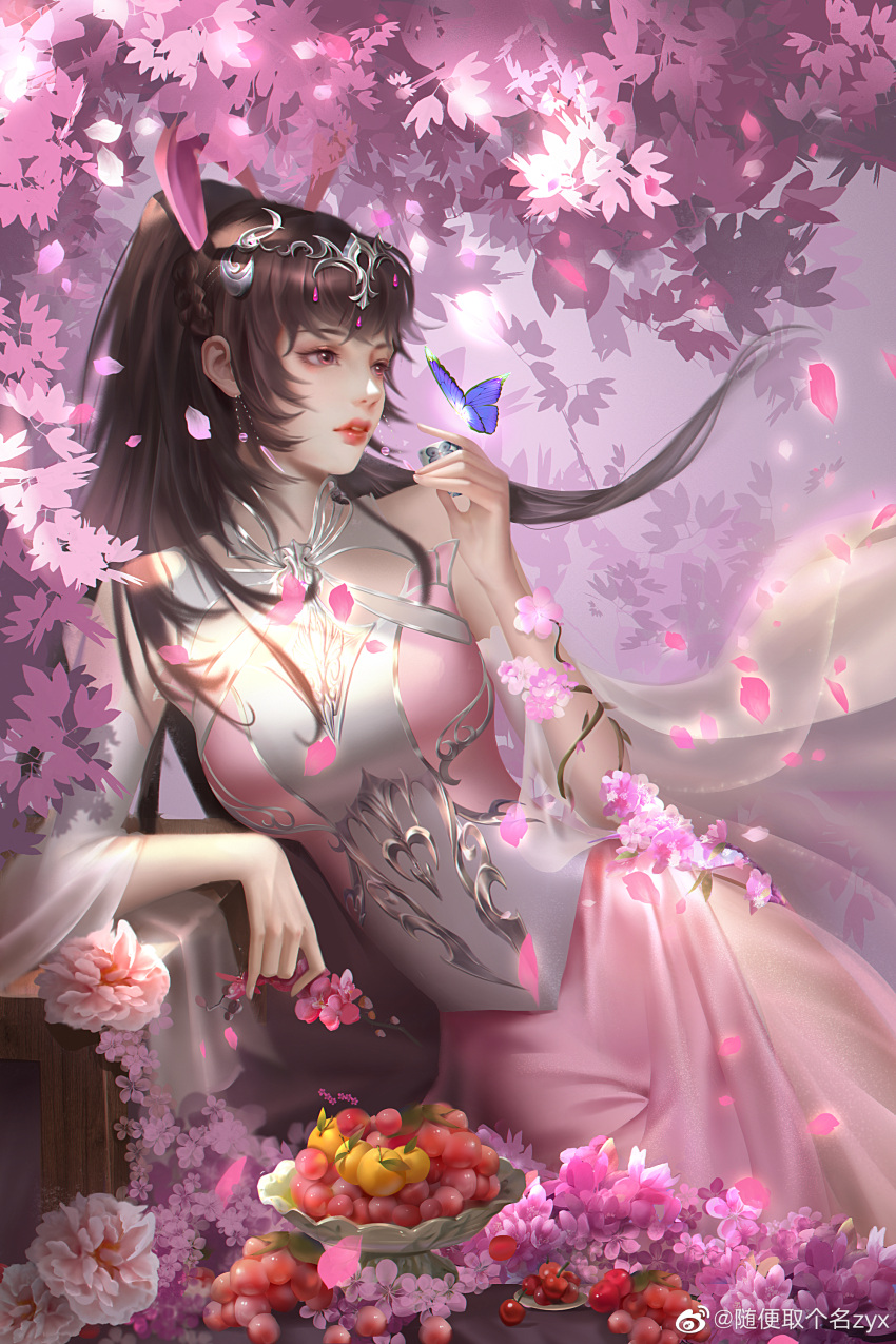 1girl absurdres animal_ears branch brown_hair bug butterfly cherry_blossoms douluo_dalu dress earrings falling_petals flower food fruit glowing_petals grapes hair_ornament highres holding holding_branch jewelry leaning_on_table long_hair parted_lips petals pink_dress plate ponytail rabbit_ears solo suibian_qu_ge_ming_zyx table teeth upper_body xiao_wu_(douluo_dalu)