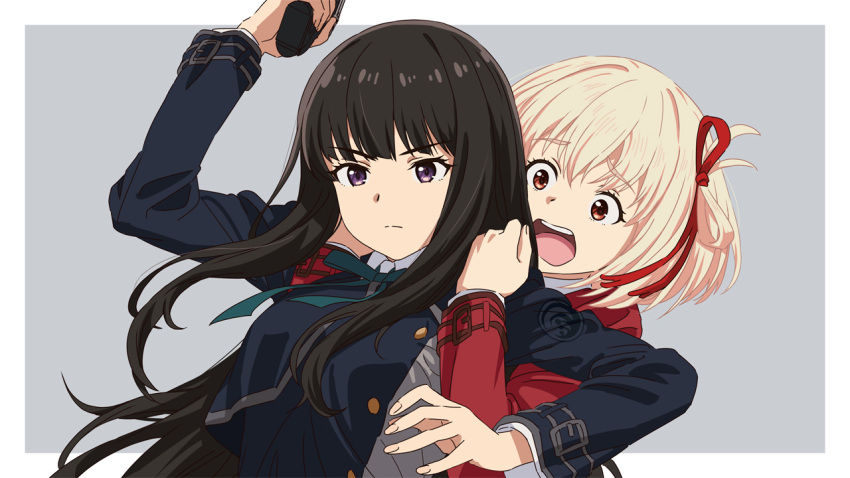 2girls :o asada7101 blonde_hair blue_dress bow breasts dress grey_background gun hair_bow hand_up holding holding_gun holding_weapon inoue_takina leaning_on_person looking_ahead looking_at_another lycoris_recoil lycoris_uniform medium_breasts multiple_girls nishikigi_chisato official_style red_bow red_dress red_eyes scared violet_eyes weapon