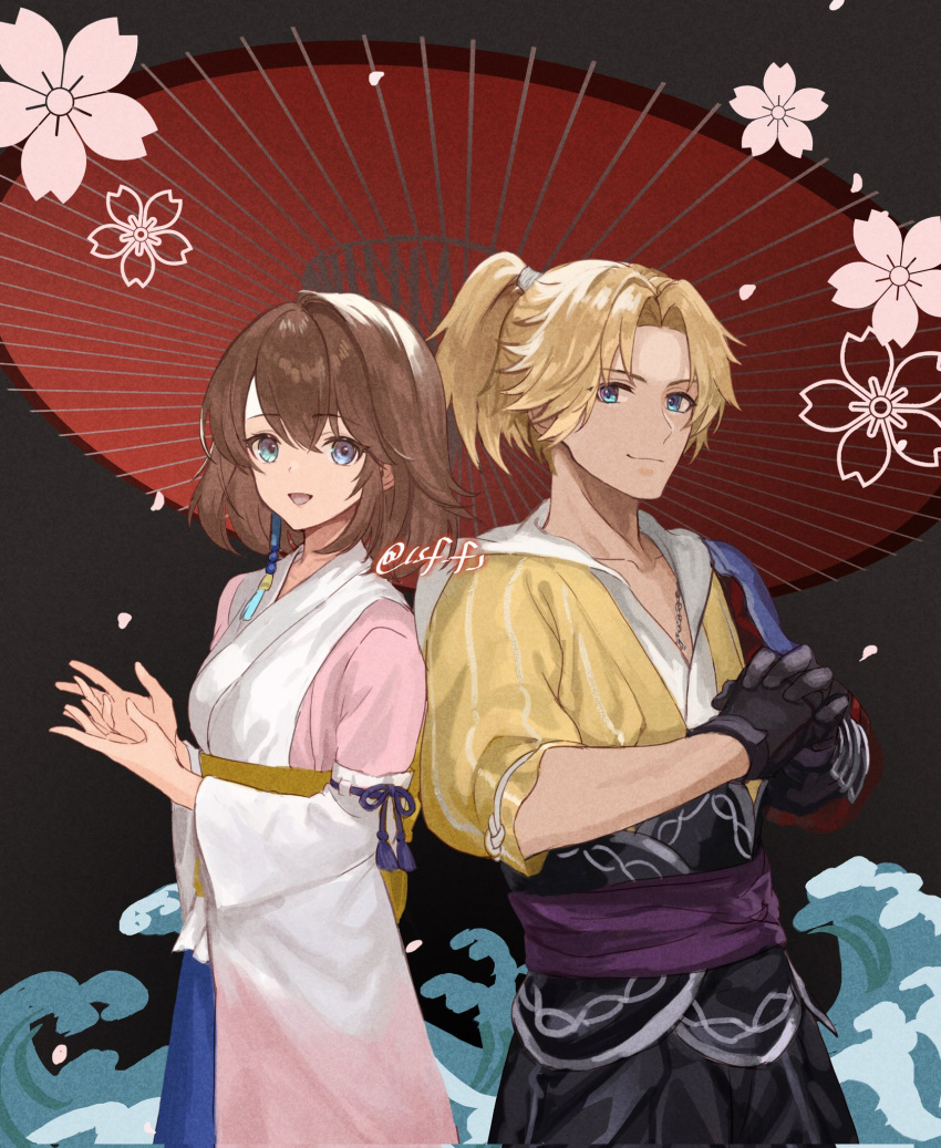 1boy 1girl armor black_gloves blonde_hair blue_eyes brown_hair chain_necklace cherry_blossoms closed_mouth collarbone commentary_request falling_petals final_fantasy final_fantasy_x gloves green_eyes hair_tie heterochromia high_ponytail highres hooded_kimono japanese_clothes jewelry kimono medium_hair multicolored_clothes multicolored_kimono necklace official_alternate_costume official_alternate_hairstyle oil-paper_umbrella open_mouth own_hands_together parted_bangs petals purple_sash sasanomesi sash shoulder_armor smile tidus twitter_username umbrella yuna_(ff10)