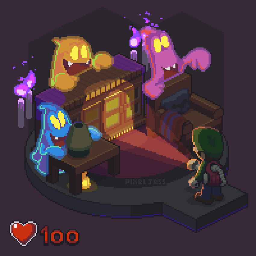 1boy 3others :d animated animated_gif artist_name blue_pants candle chair fangs fire flashlight gameplay_mechanics ghost gloves green_headwear hat heartbeat hiding highres lamp laughing luigi luigi's_mansion multiple_others pants pixel_jess poltergust_3000 purple_fire smile table white_gloves yellow_eyes