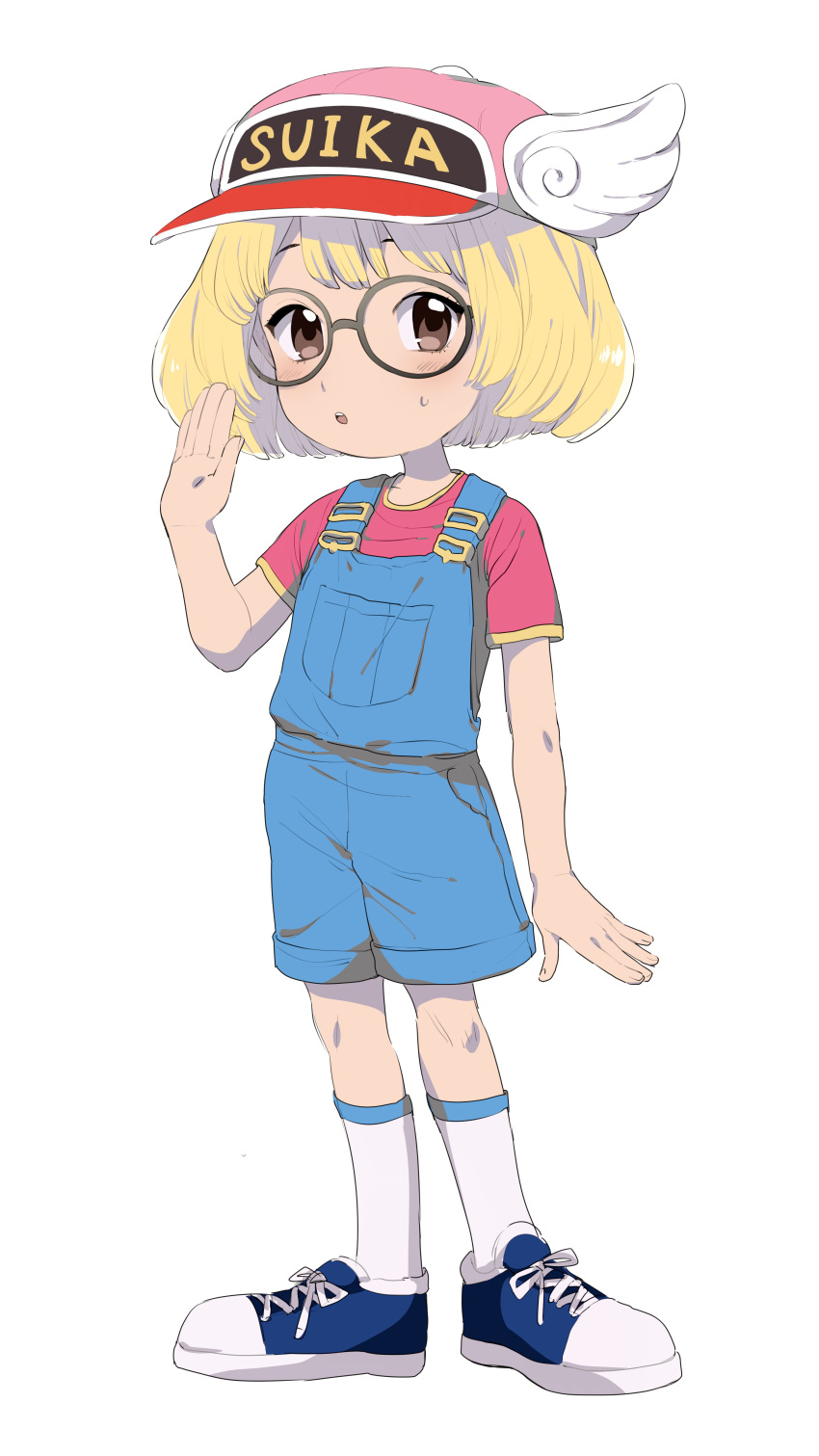 1girl :o absurdres blonde_hair blue_overalls blush brown_eyes cosplay cross-laced_footwear dr._slump dr._stone full_body glasses highres kojirou_(kojirou_sousaku) norimaki_arale norimaki_arale_(cosplay) overalls red_shirt round_eyewear shirt shoes simple_background socks solo suika_(dr.stone) sweatdrop white_background white_socks