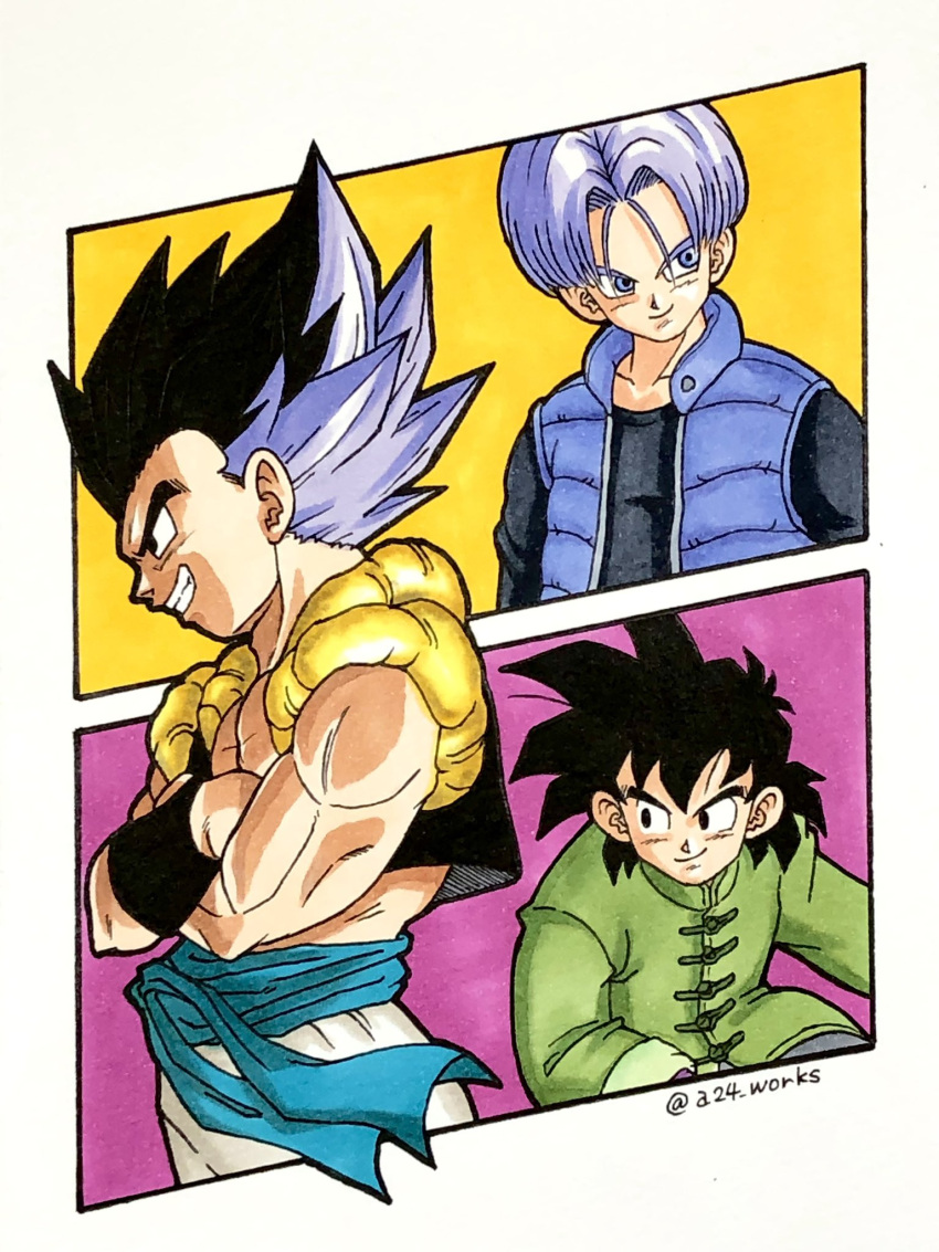 3boys a24wks black_eyes black_hair blue_vest chinese_clothes commentary_request crossed_arms dragon_ball dragon_ball_super dragon_ball_super_super_hero gotenks grin highres male_focus marker_(medium) metamoran_vest multicolored_hair multiple_boys muscular muscular_male purple_hair signature smile son_goten traditional_media trunks_(dragon_ball) two-tone_hair vest violet_eyes