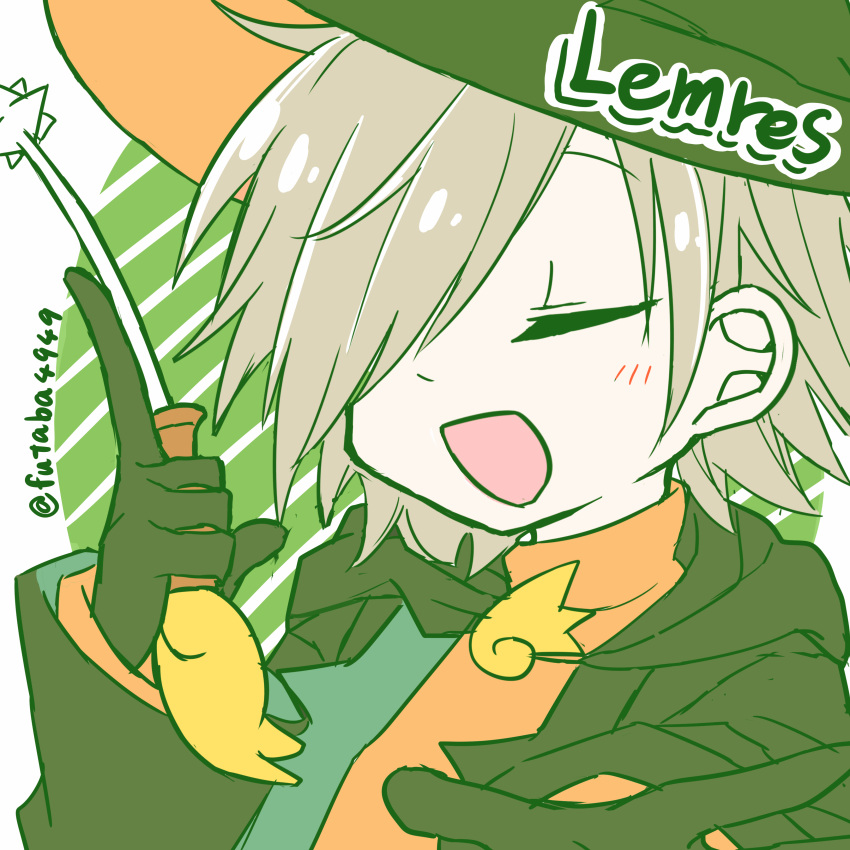 1boy absurdres blush character_name closed_eyes futaba969649 gloves green_gloves green_headwear grey_hair hair_over_one_eye highres holding holding_wand lemres_(puyopuyo) open_mouth puyopuyo puyopuyo_fever solo wand