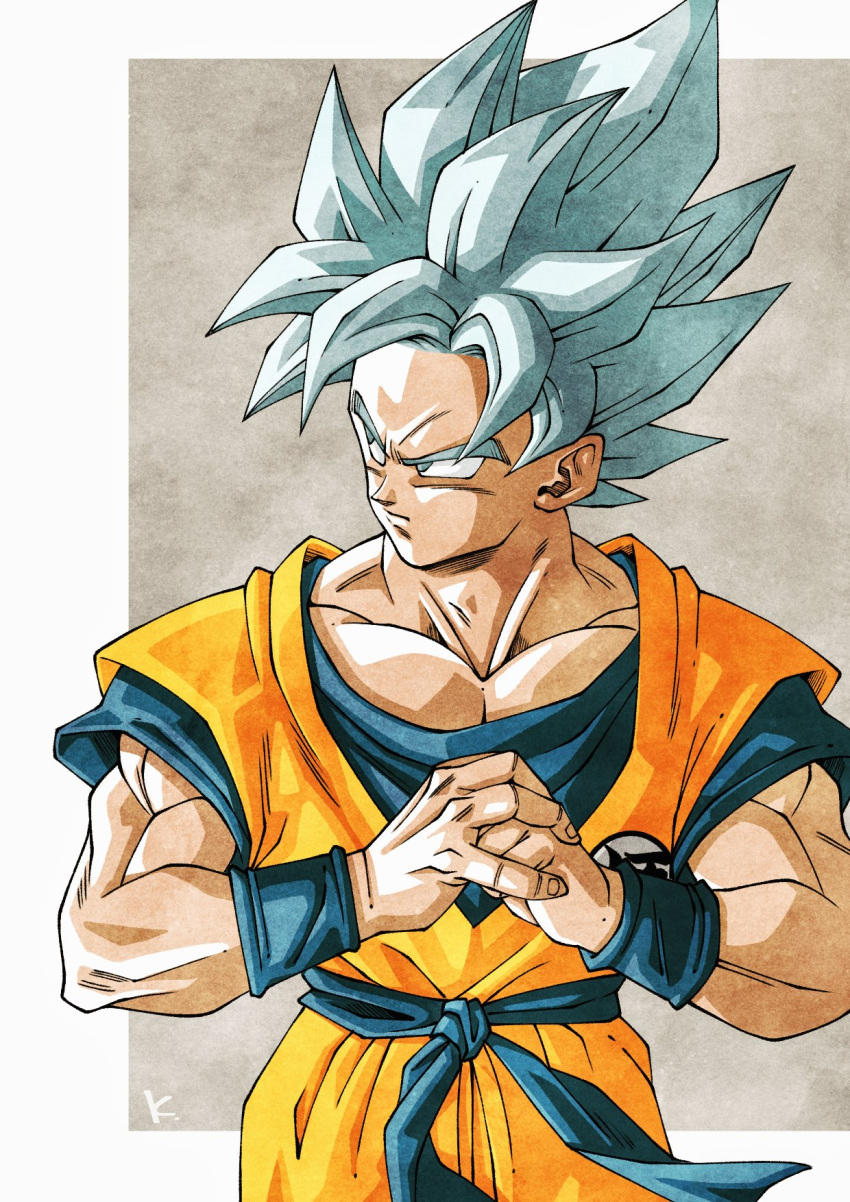 1boy blue_eyes blue_hair commentary cracking_knuckles dougi dragon_ball dragon_ball_super furrowed_brow highres kakeru_(dbskakeru) large_pectorals looking_to_the_side male_focus muscular muscular_male pectorals serious signature solo son_goku super_saiyan super_saiyan_blue upper_body