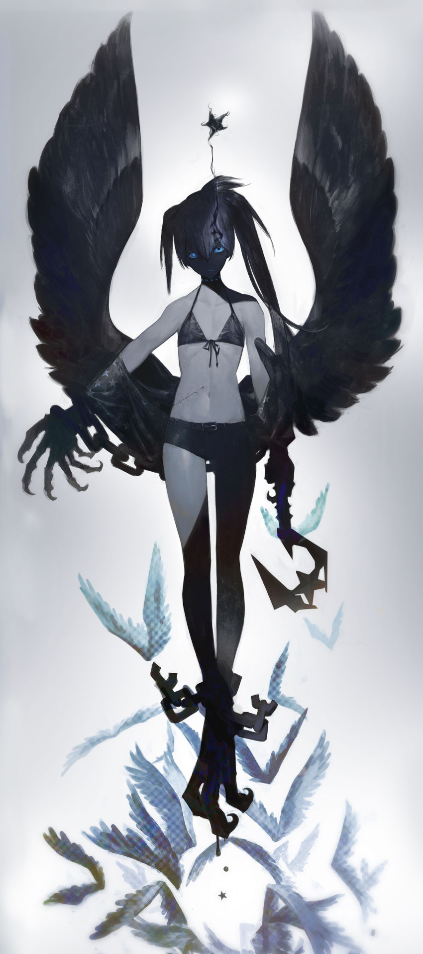 1girl absurdres bikini bikini_top_only black_hair black_rock_shooter black_rock_shooter_(character) black_shorts blue_eyes feathered_wings feathers flaming_eye harpy highres huke long_hair looking_at_viewer midriff monster_girl navel pale_skin scar short_shorts shorts simple_background solo swimsuit talons twintails uneven_twintails white_background wings
