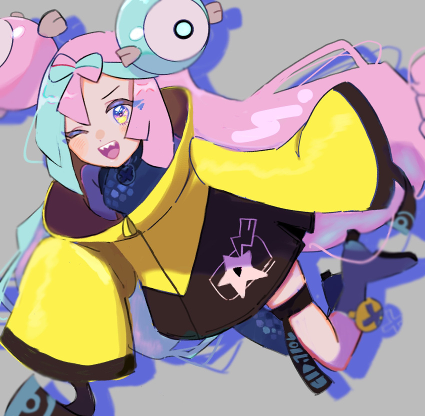 1girl ;d blurry boots character_hair_ornament eneko_(olavcnkrpucl16a) green_hair grey_background grey_footwear grey_shirt hair_ornament highres iono_(pokemon) jacket long_hair multicolored_hair one_eye_closed open_mouth pink_hair pokemon pokemon_(game) pokemon_sv sharp_teeth shirt single_leg_pantyhose sleeveless sleeveless_shirt sleeves_past_fingers sleeves_past_wrists smile solo star_(symbol) star_print teeth thigh_strap tongue twintails two-tone_hair upper_teeth_only yellow_jacket