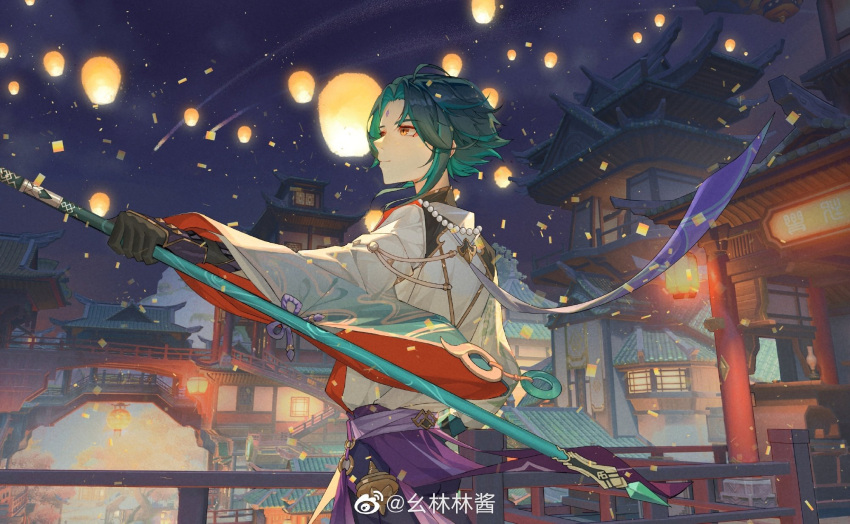 1boy aqua_hair arm_up belt black_gloves blue_sky bridge closed_mouth clouds cloudy_sky facial_mark forehead_mark genshin_impact gloves green_hair guooug233 hand_up highres holding holding_weapon house jewelry lamp long_sleeves looking_to_the_side male_focus multicolored_hair necklace night night_sky outdoors pants pearl_necklace purple_belt purple_pants shirt short_hair sky smile solo standing star_(sky) starry_sky tree two-tone_hair weapon white_shirt wide_sleeves window xiao_(genshin_impact) yellow_eyes