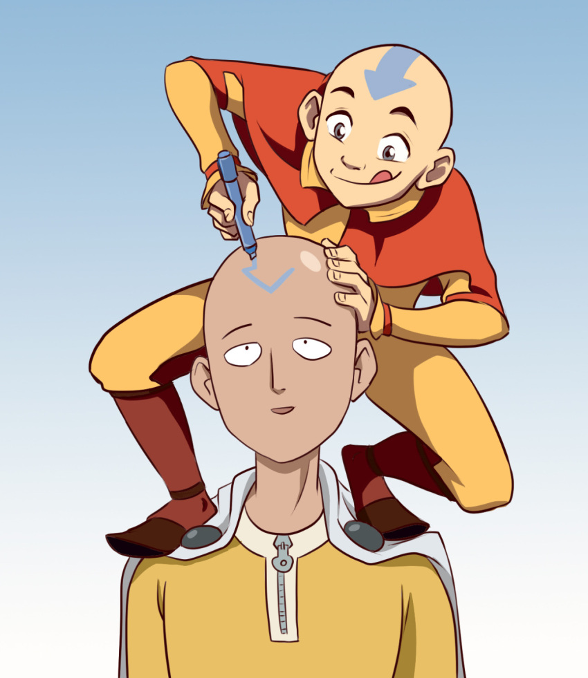 2boys :p aang avatar:_the_last_airbender avatar_legends bald bodysuit cape closed_mouth commentary crossover english_commentary hand_on_another's_head highres jumpsuit multiple_boys one-punch_man open_mouth pen red_cape saitama_(one-punch_man) smile tanya-buka tattoo tongue tongue_out white_cape yellow_bodysuit yellow_jumpsuit