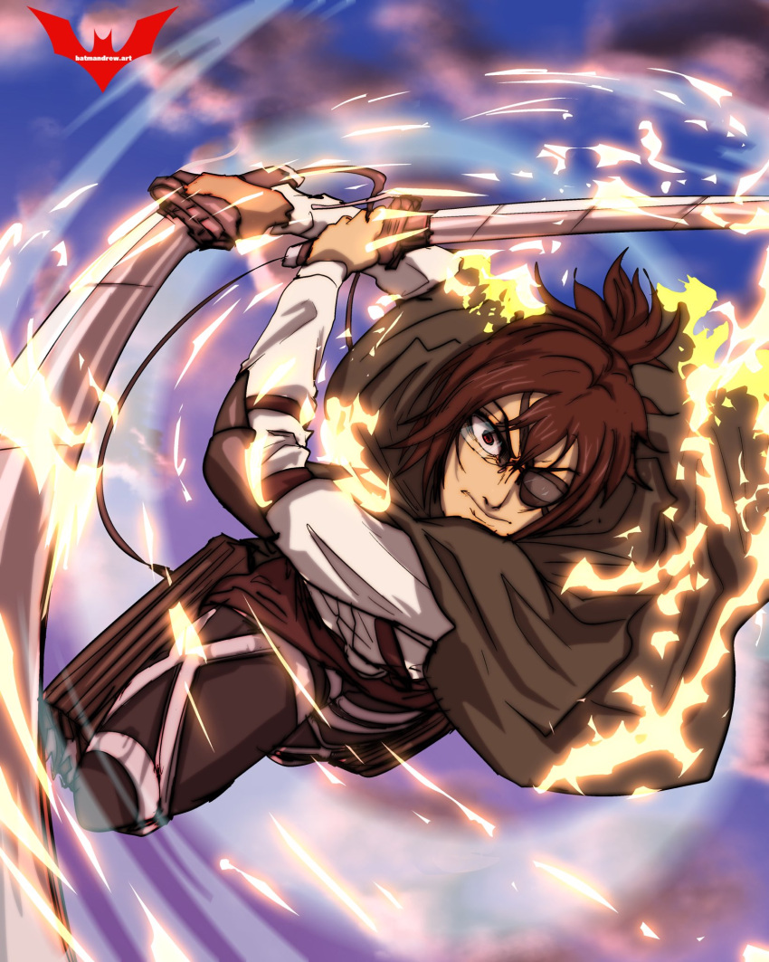 1other artist_name batm_andrew brown_eyes brown_hair dual_wielding eyepatch furrowed_brow glasses grey_cloak hange_zoe highres holding serious shingeki_no_kyojin short_ponytail solo three-dimensional_maneuver_gear watermark