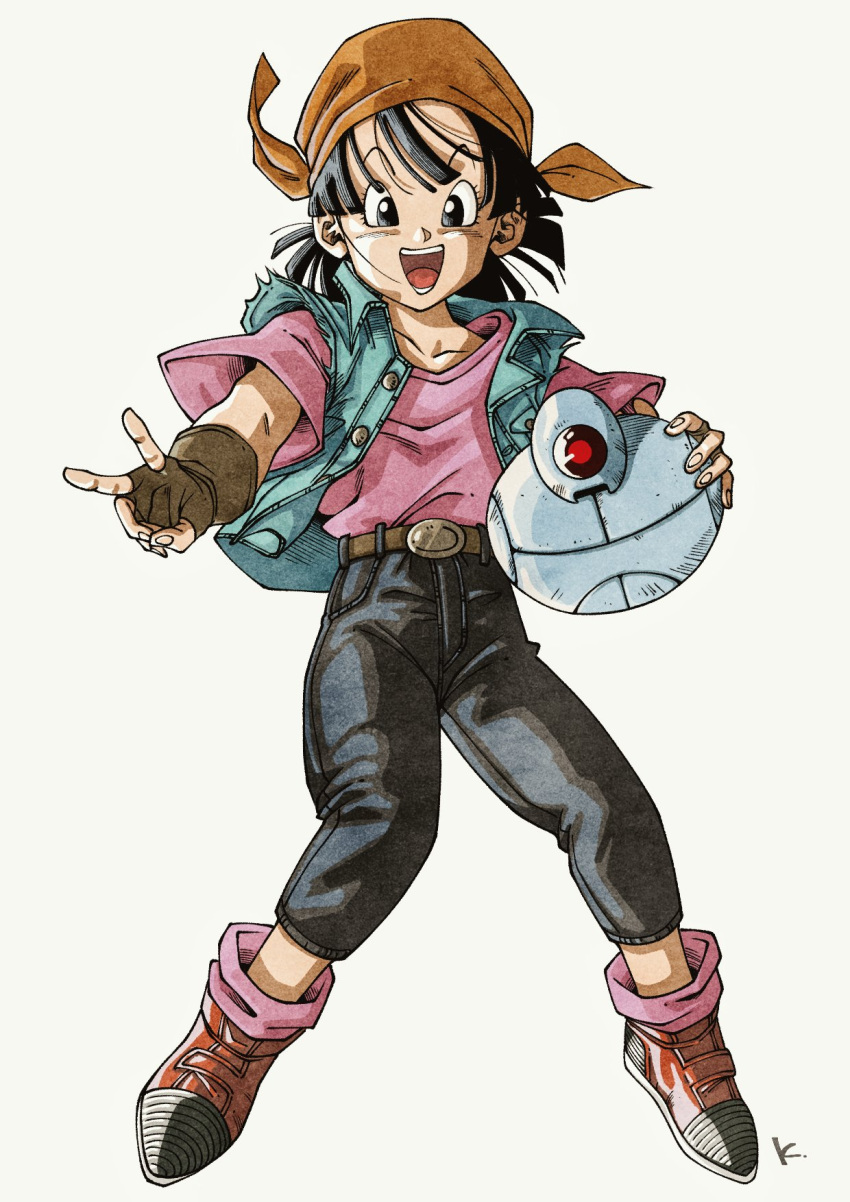 1girl alternate_costume aqua_vest bandana belt black_eyes black_hair black_pants boots brown_belt commentary_request dragon_ball dragon_ball_gt fingerless_gloves full_body giru_(dragon_ball) gloves highres kakeru_(dbskakeru) orange_bandana pan_(dragon_ball) pants pink_footwear pink_shirt robot shirt signature torn_vest v