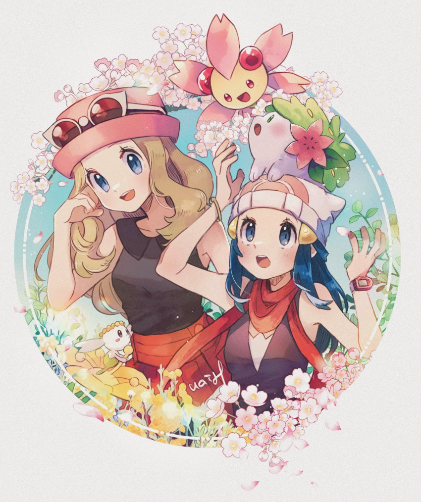 2girls :d beanie blonde_hair blue_eyes border cherrim cherrim_(sunshine) collared_shirt commentary eyelashes flabebe flabebe_(yellow) flower hand_up hanenbo hat highres hikari_(pokemon) long_hair multiple_girls open_mouth pink_headwear pokemon pokemon_(creature) pokemon_(game) pokemon_dppt pokemon_xy poketch red_scarf scarf serena_(pokemon) shaymin shaymin_(land) shirt sidelocks signature skirt sleeveless sleeveless_shirt smile sunglasses symbol-only_commentary teeth tongue upper_teeth_only watch watch white-framed_eyewear white_border white_headwear