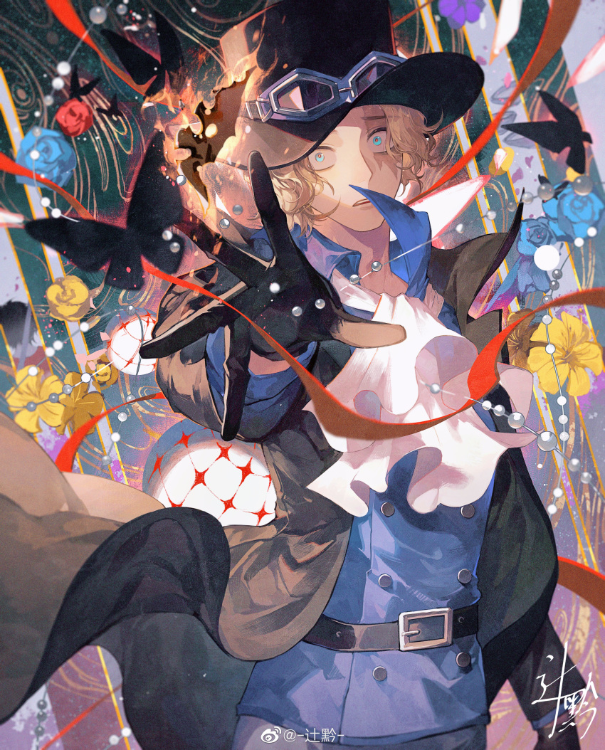 1boy absurdres ascot black_butterfly black_coat black_hair blonde_hair bug burning butterfly coat feet_out_of_frame floral_background goggles goggles_on_headwear hat highres long_sleeves looking_at_viewer male_focus one_piece open_clothes sabo_(one_piece) scar scar_on_face shirt short_hair solo sqloveraven top_hat wind