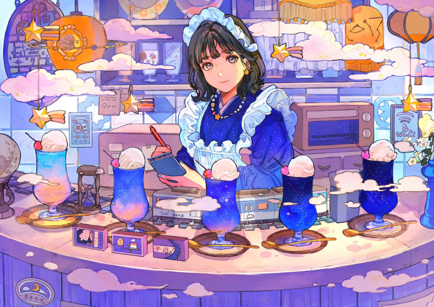 1girl apron cafe cherry clouds counter cream_soda curtains earrings eyebrows_hidden_by_hair flower food fruit highres holding holding_notepad jewelry lamp looking_at_viewer maid maid_apron maid_headdress medium_hair model_train moon necklace notepad original pen qooo003 spoon star_(sky) star_(symbol) tareme toaster_oven vase