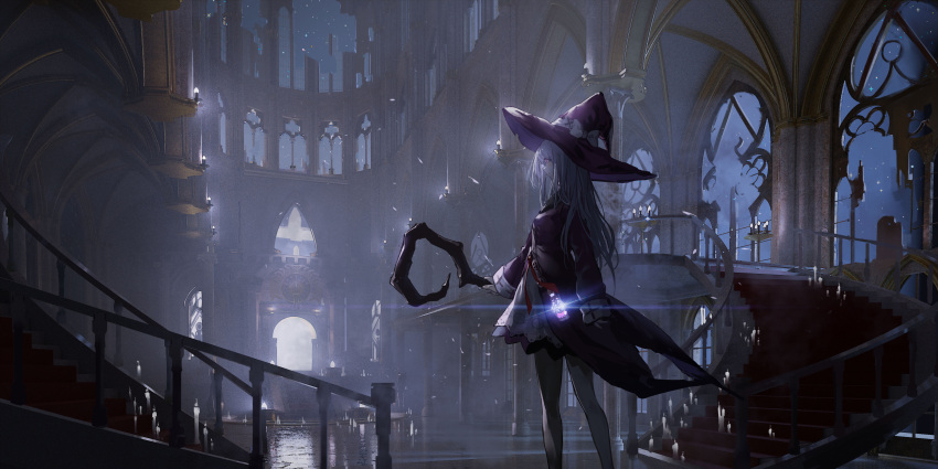 1girl :| abandoned absurdres arch architecture ata-zhubo blush bow breasts broken_window building candle cathedral church closed_mouth commentary expressionless fantasy feet_out_of_frame from_side gold_trim gothic_architecture hat hat_bow highres holding holding_staff indoors jacket large_hat layered_shirt long_hair looking_ahead night night_sky original outstretched_arm pantyhose purple_headwear purple_jacket red_carpet red_eyes red_ribbon reflective_floor ribbon romaji_commentary ruins shirt sky sleeve_cuffs sleeves_past_wrists small_breasts solo staff stairs star_(sky) starry_sky white_bow white_hair white_pantyhose white_shirt witch witch_hat