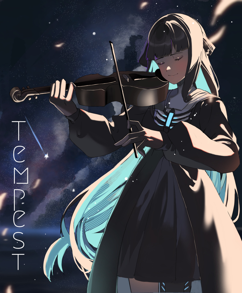 1girl absurdres black_dress black_hair blue_hair closed_eyes closed_mouth colored_inner_hair dress highres holding holding_instrument instrument long_hair long_sleeves multicolored_hair music playing_instrument punishing:_gray_raven selena_(punishing:_gray_raven) user_tfjw2374 violin