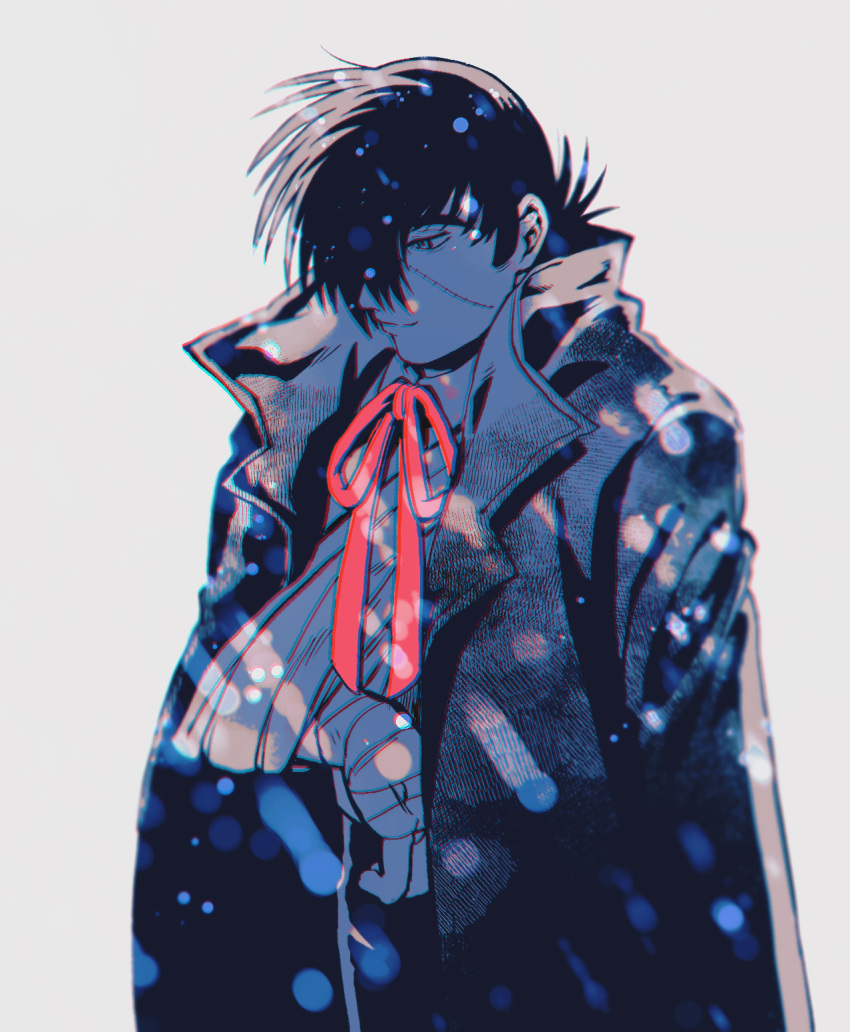 1boy arm_sling bandaged_arm bandages black_jack_(character) black_jack_(series) chromatic_aberration coat coat_on_shoulders collared_shirt hair_over_one_eye highres husagin looking_down male_focus monochrome neck_ribbon red_ribbon ribbon scar scar_on_face shirt short_hair simple_background smile solo spot_color white_background