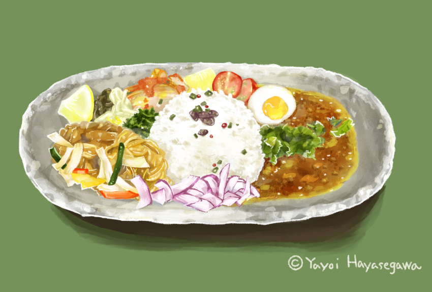artist_name curry egg_(food) food food_focus green_background hayasegawayayoi highres meat no_humans noodles onion original plate rice shadow simple_background still_life