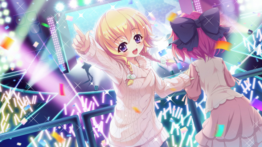 5girls against_railing black_bow blonde_hair bow braid breasts catwalk_(modeling) colored_lights concert confetti crowd dot_nose dress film_grain game_cg glowstick hair_bow hand_on_another's_shoulder hasegawa_mii hiiragi_kae idol izumi_tsubasu large_bow looking_at_viewer multiple_girls non-web_source official_art open_mouth pink_dress pink_hair pink_skirt pointing railing re:stage! screen short_hair silhouette skirt small_breasts smile solo_focus sparkle sparkling_eyes speaker stage stage_lights star_(symbol) sweater teeth twin_braids upper_teeth_only violet_eyes white_sweater