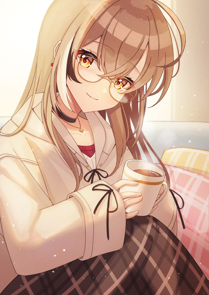 1girl ahoge berry black_choker brown_eyes brown_hair brown_hoodie brown_skirt choker coffee couch cup earrings food-themed_earrings glasses highres holding holding_cup hololive hololive_english hood hoodie jewelry light_particles long_hair long_skirt looking_at_viewer mug multicolored_hair nanashi_mumei necklace official_alternate_costume oversized_clothes pillow plaid plaid_skirt red_shirt round_eyewear runes shirt skirt sleeves_past_wrists smile streaked_hair sweater tsumurimai virtual_youtuber white_sweater