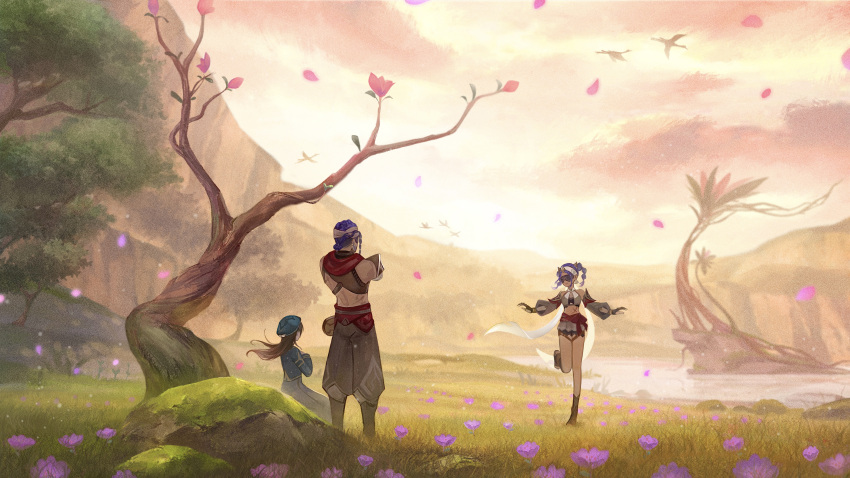 1boy 2girls absurdres anna_(drw01) bird blue_hair brown_pants family father_and_daughter flower full_body genshin_impact grass green_headwear highres jebrael_(genshin_impact) jeht_(genshin_impact) lake leg_up midriff mother_and_daughter multiple_girls pants red_blindfold scenery tree twintails