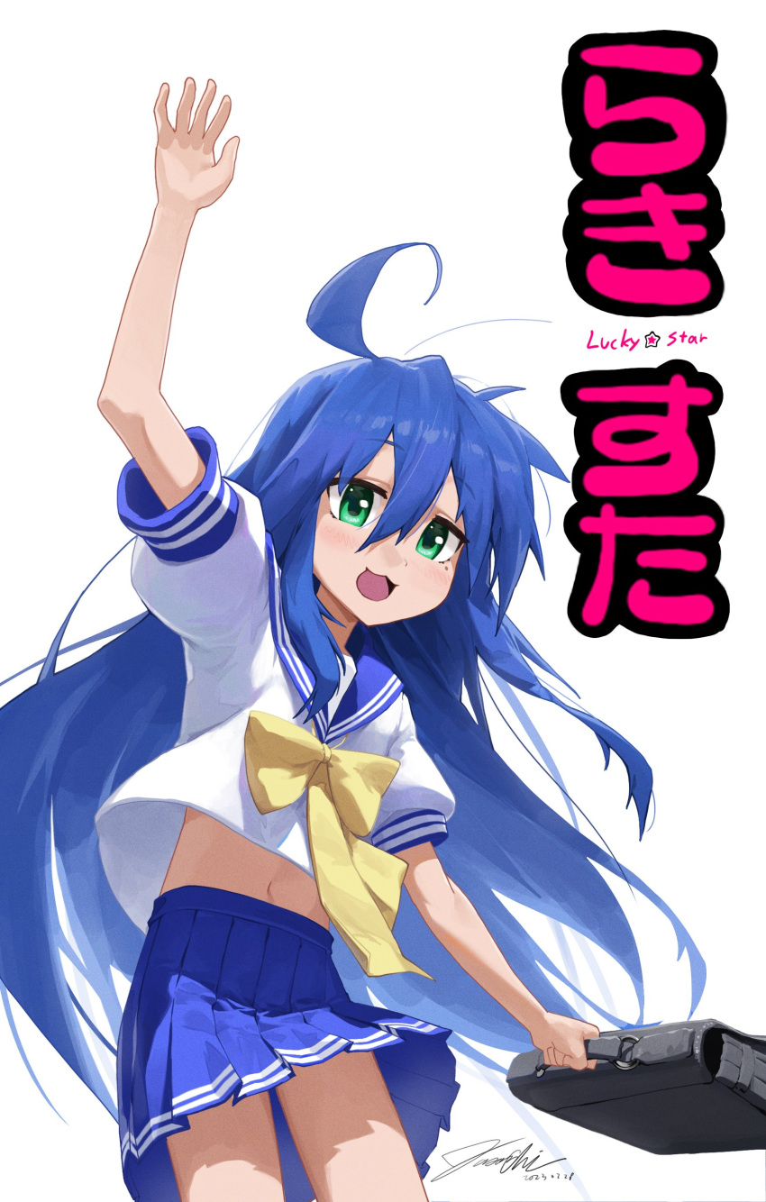 1girl :3 absurdres ahoge arm_up blue_hair blue_sailor_collar blue_sky blush bow bowtie briefcase copyright_name cowboy_shot green_eyes highres holding holding_briefcase izumi_konata jiho_jyo_1 long_hair lucky_star mole mole_under_eye navel open_mouth pleated_skirt ryouou_school_uniform sailor_collar school_briefcase school_uniform serafuku simple_background skirt sky smile solo waving white_background yellow_bow