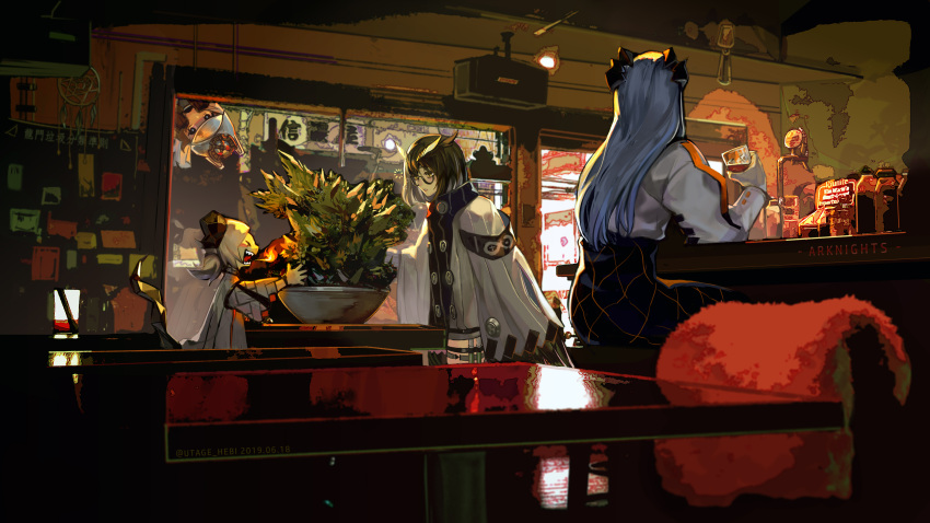 &gt;_&lt; 4girls absurdres arknights bar_(place) black-framed_eyewear black_skirt blonde_hair breathing_fire brown_eyes brown_hair chair copyright_name cup door dragon_horns dragon_tail dream_catcher drinking_glass feather_hair fire glasses grey_hair hebi32 helmet highres holding holding_cup horns ifrit_(arknights) indoors jacket lips long_hair long_sleeves looking_at_another multiple_girls open_mouth parted_lips plant potted_plant saria_(arknights) semi-rimless_eyewear sharp_teeth shaw_(arknights) short_hair short_twintails silence_(arknights) skirt sleep_bubble table tail teeth tongue twintails vial white_jacket window yellow_eyes
