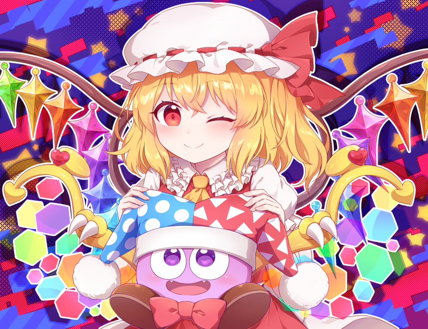 1girl ascot blonde_hair blush closed_mouth collared_shirt crossover crystal flandre_scarlet frilled_shirt_collar frills hair_between_eyes hat highres kaoling kirby's_dream_land kirby_(series) long_hair marx_(kirby) mob_cap one_eye_closed red_eyes red_skirt red_vest shirt side_ponytail skirt smile touhou upper_body vest white_headwear white_shirt wings yellow_ascot